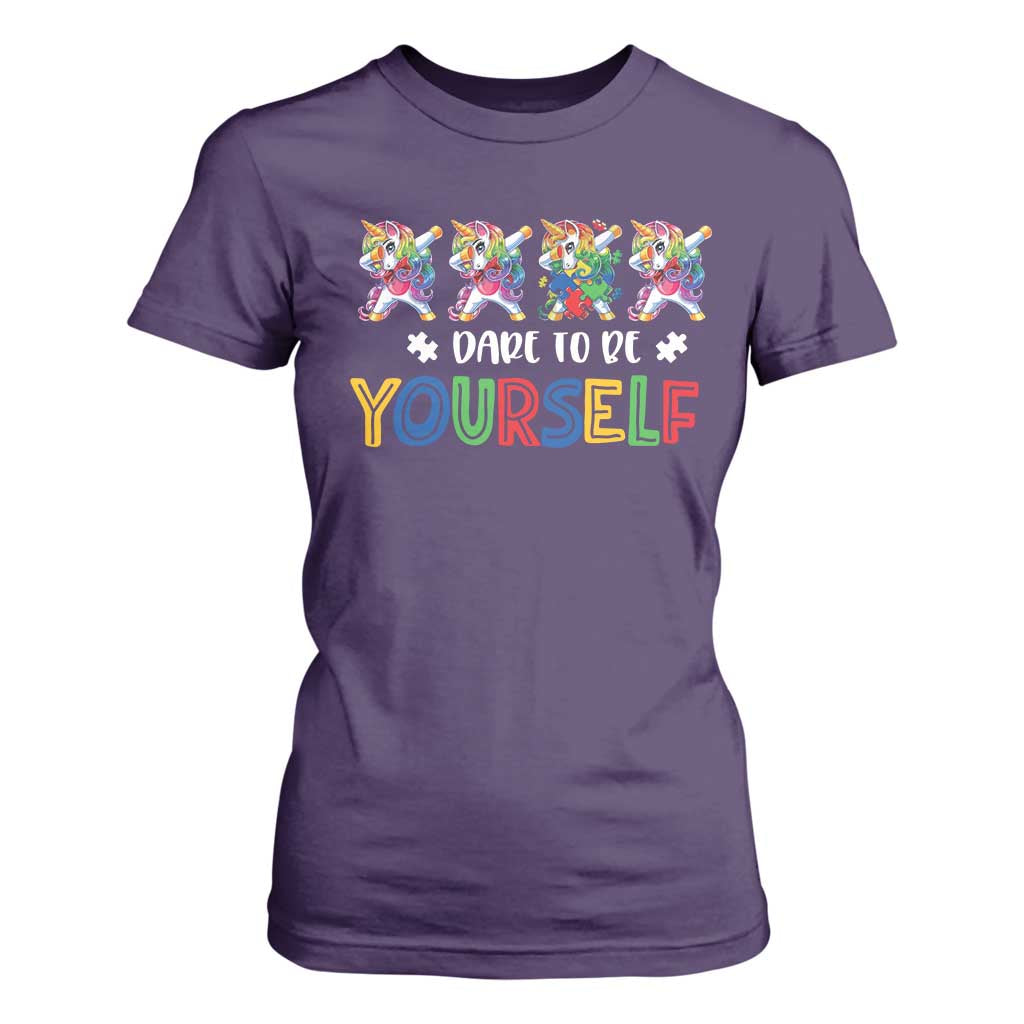 Funny Autism Awareness Dare To Be Yourself T Shirt For Women Dabbing Unicorn TS11 Purple Print Your Wear