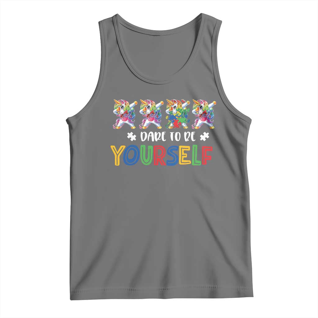 Funny Autism Awareness Dare To Be Yourself Tank Top Dabbing Unicorn TS11 Black Heather Print Your Wear