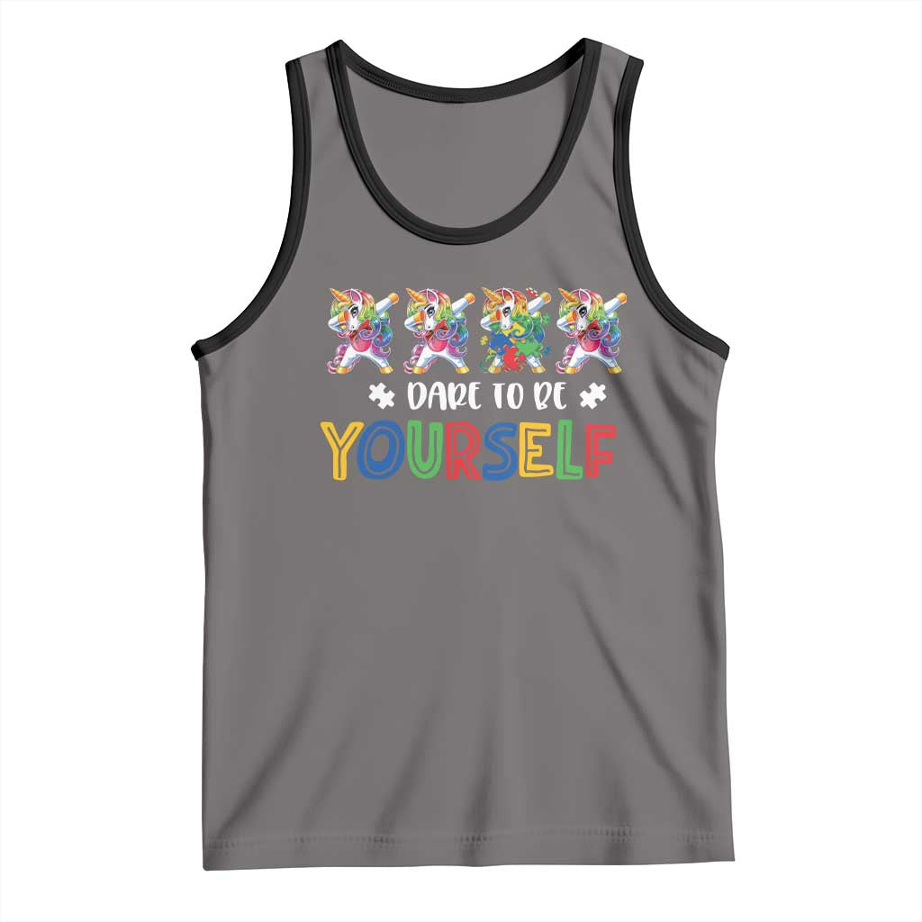 Funny Autism Awareness Dare To Be Yourself Tank Top Dabbing Unicorn TS11 Deep Heather Black Print Your Wear