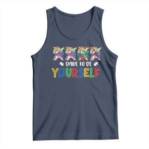 Funny Autism Awareness Dare To Be Yourself Tank Top Dabbing Unicorn TS11 Navy Print Your Wear
