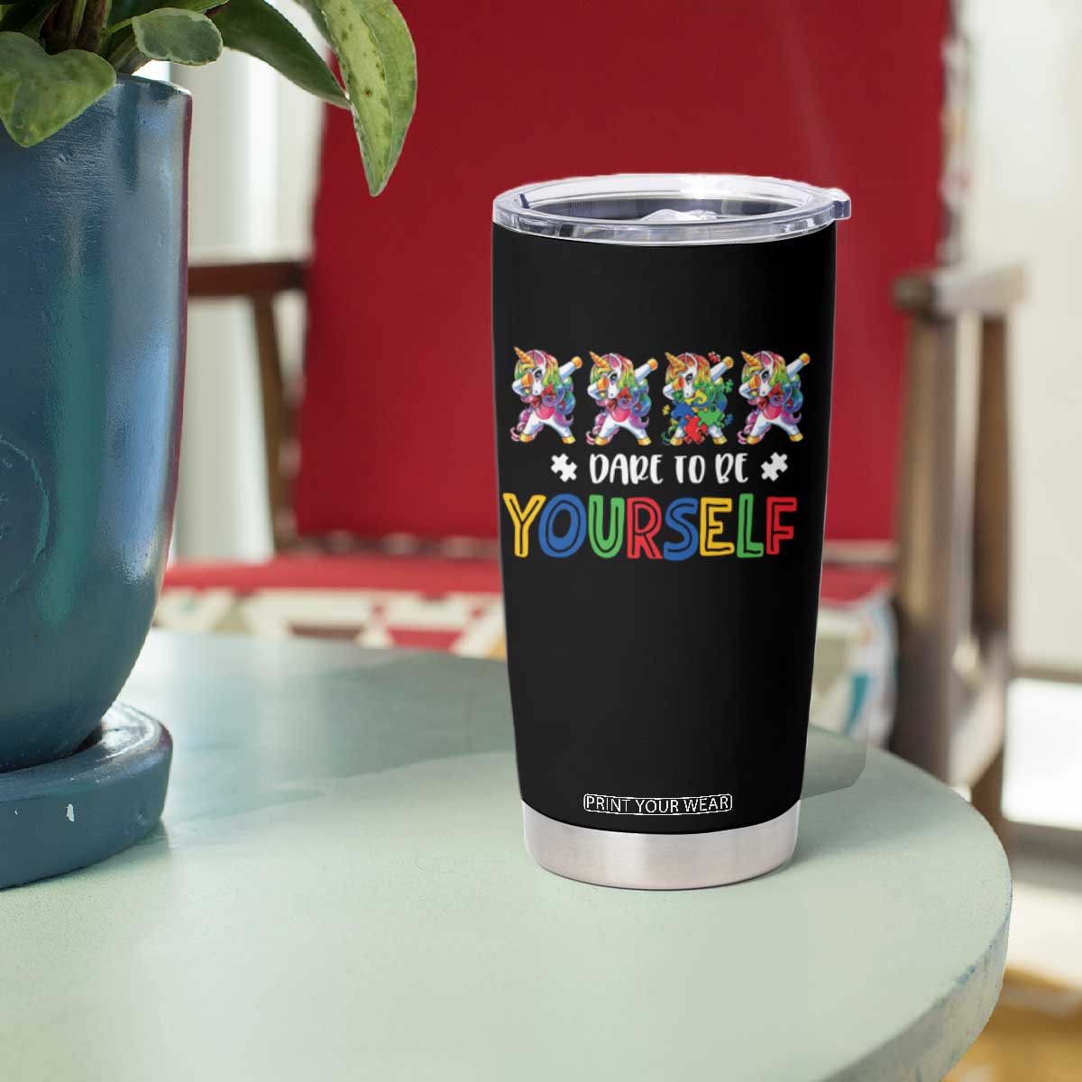Funny Autism Awareness Dare To Be Yourself Tumbler Cup Dabbing Unicorn TS11 Print Your Wear