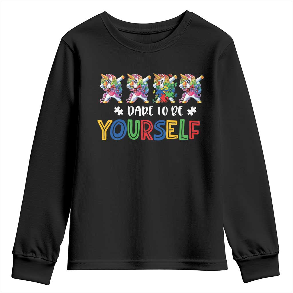 Funny Autism Awareness Dare To Be Yourself Youth Sweatshirt Dabbing Unicorn TS11 Black Print Your Wear
