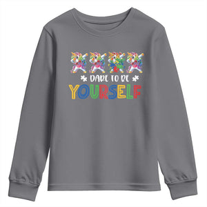 Funny Autism Awareness Dare To Be Yourself Youth Sweatshirt Dabbing Unicorn TS11 Charcoal Print Your Wear