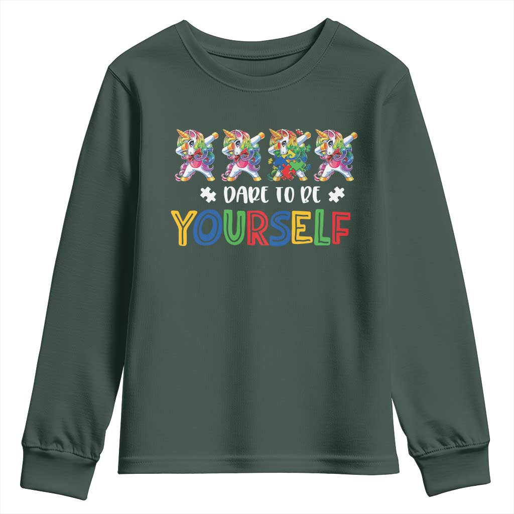 Funny Autism Awareness Dare To Be Yourself Youth Sweatshirt Dabbing Unicorn TS11 Dark Forest Green Print Your Wear