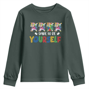 Funny Autism Awareness Dare To Be Yourself Youth Sweatshirt Dabbing Unicorn TS11 Dark Forest Green Print Your Wear
