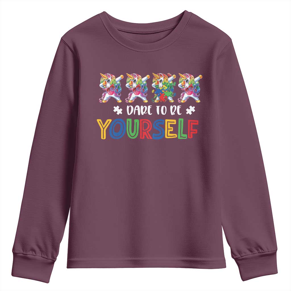 Funny Autism Awareness Dare To Be Yourself Youth Sweatshirt Dabbing Unicorn TS11 Maroon Print Your Wear