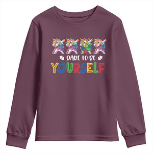 Funny Autism Awareness Dare To Be Yourself Youth Sweatshirt Dabbing Unicorn TS11 Maroon Print Your Wear