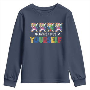 Funny Autism Awareness Dare To Be Yourself Youth Sweatshirt Dabbing Unicorn TS11 Navy Print Your Wear