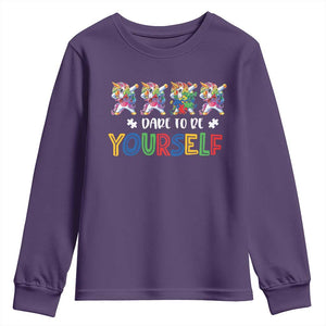 Funny Autism Awareness Dare To Be Yourself Youth Sweatshirt Dabbing Unicorn TS11 Purple Print Your Wear