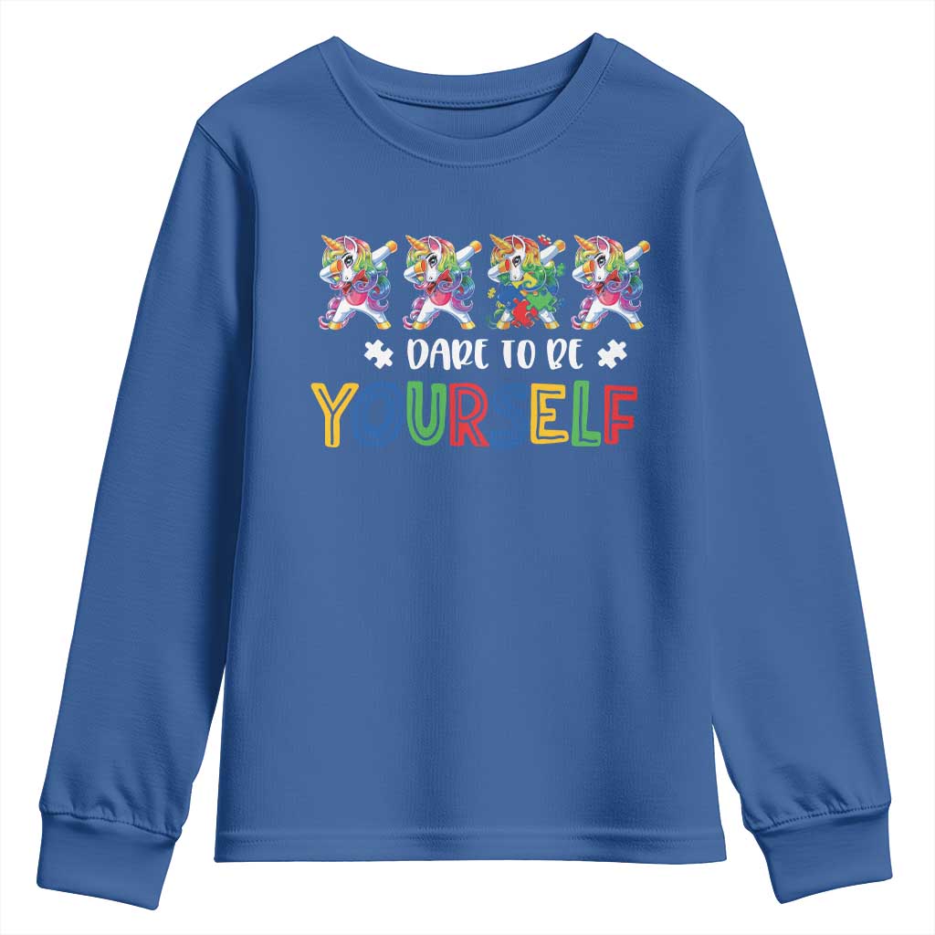 Funny Autism Awareness Dare To Be Yourself Youth Sweatshirt Dabbing Unicorn TS11 Royal Blue Print Your Wear