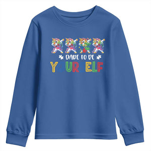 Funny Autism Awareness Dare To Be Yourself Youth Sweatshirt Dabbing Unicorn TS11 Royal Blue Print Your Wear