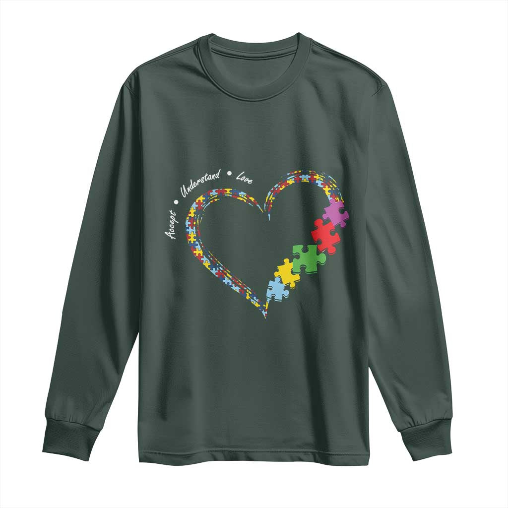 Autism Awareness Accept Understand Love Long Sleeve Shirt Love Heart Puzzle Pieces TS11 Dark Forest Green Print Your Wear