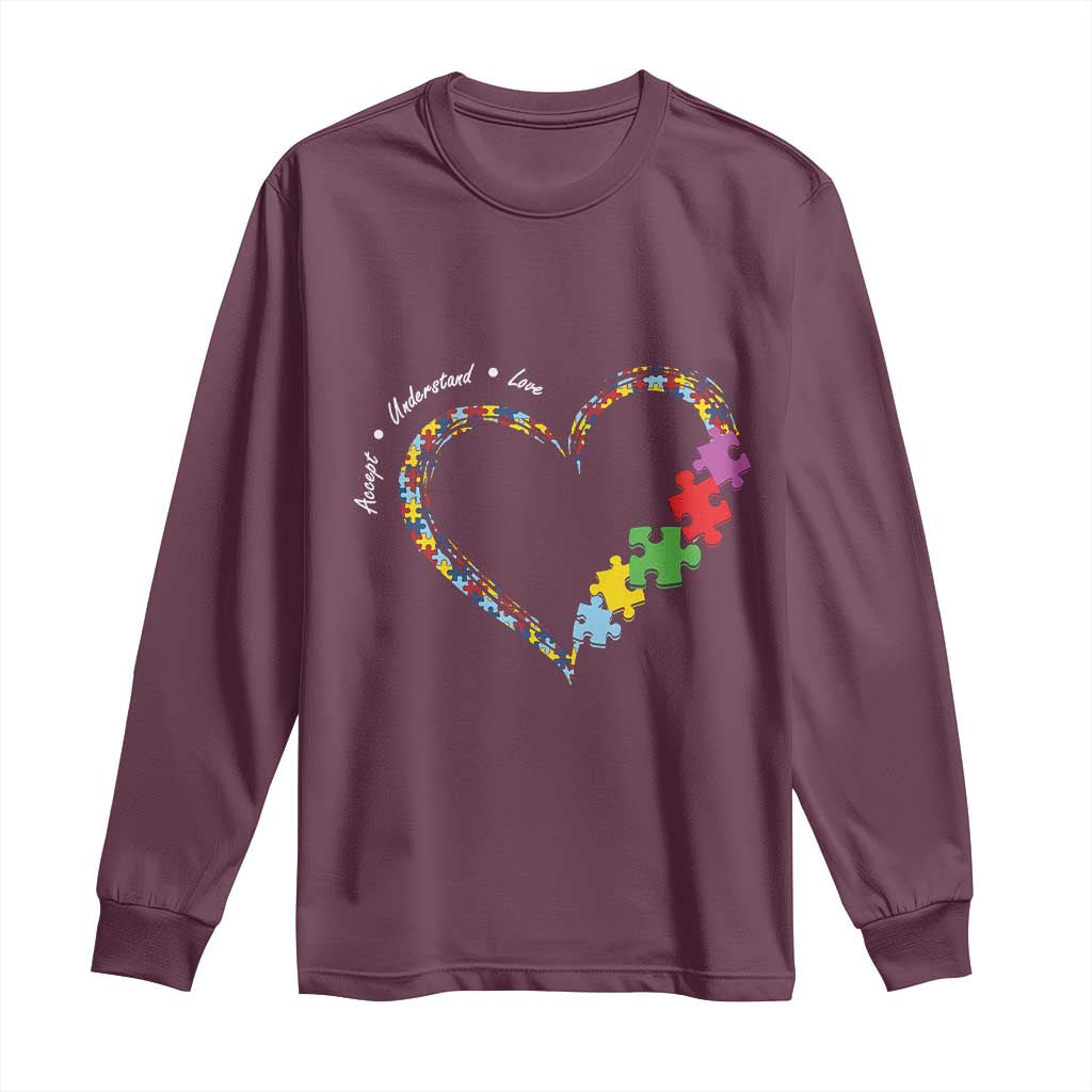 Autism Awareness Accept Understand Love Long Sleeve Shirt Love Heart Puzzle Pieces TS11 Maroon Print Your Wear