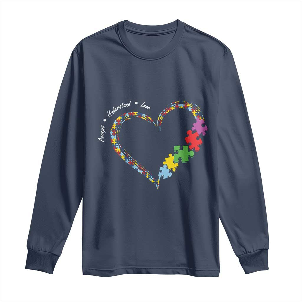 Autism Awareness Accept Understand Love Long Sleeve Shirt Love Heart Puzzle Pieces TS11 Navy Print Your Wear