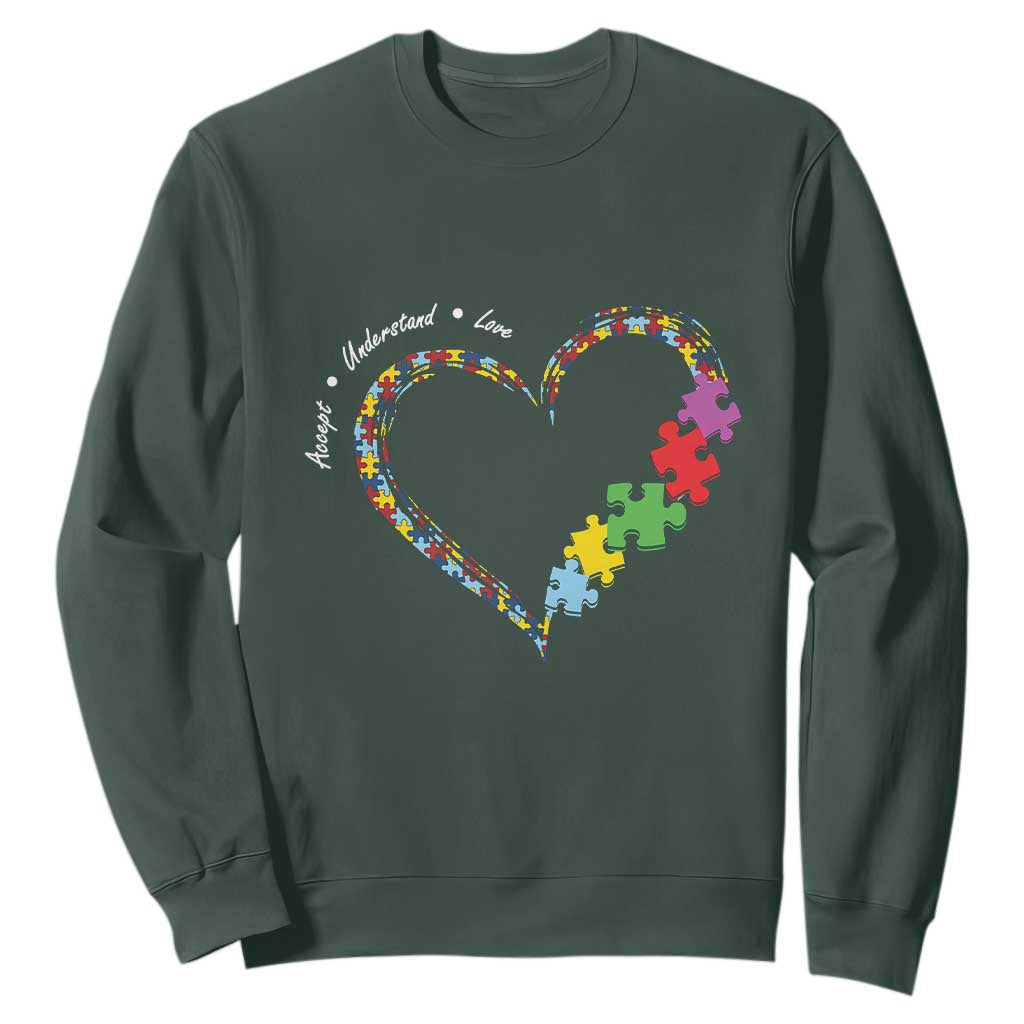 Autism Awareness Accept Understand Love Sweatshirt Love Heart Puzzle Pieces TS11 Dark Forest Green Print Your Wear