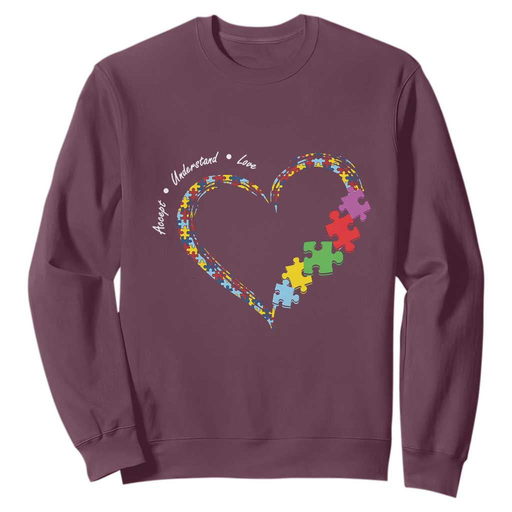 Autism Awareness Accept Understand Love Sweatshirt Love Heart Puzzle Pieces TS11 Maroon Print Your Wear