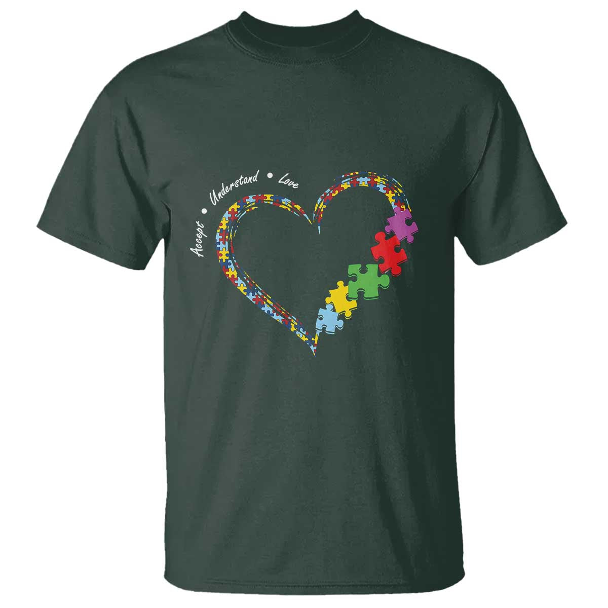 Autism Awareness Accept Understand Love T Shirt Love Heart Puzzle Pieces TS11 Dark Forest Green Print Your Wear