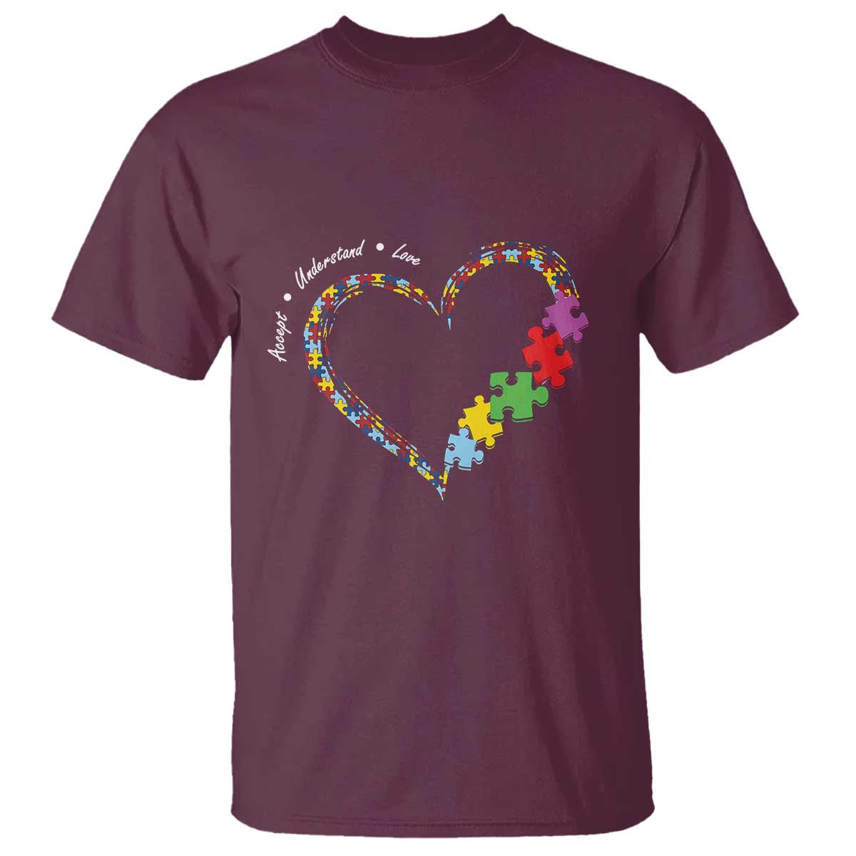 Autism Awareness Accept Understand Love T Shirt Love Heart Puzzle Pieces TS11 Maroon Print Your Wear