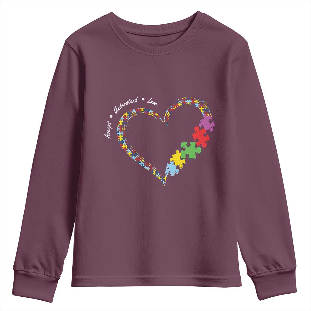 Autism Awareness Accept Understand Love Youth Sweatshirt Love Heart Puzzle Pieces TS11 Maroon Print Your Wear