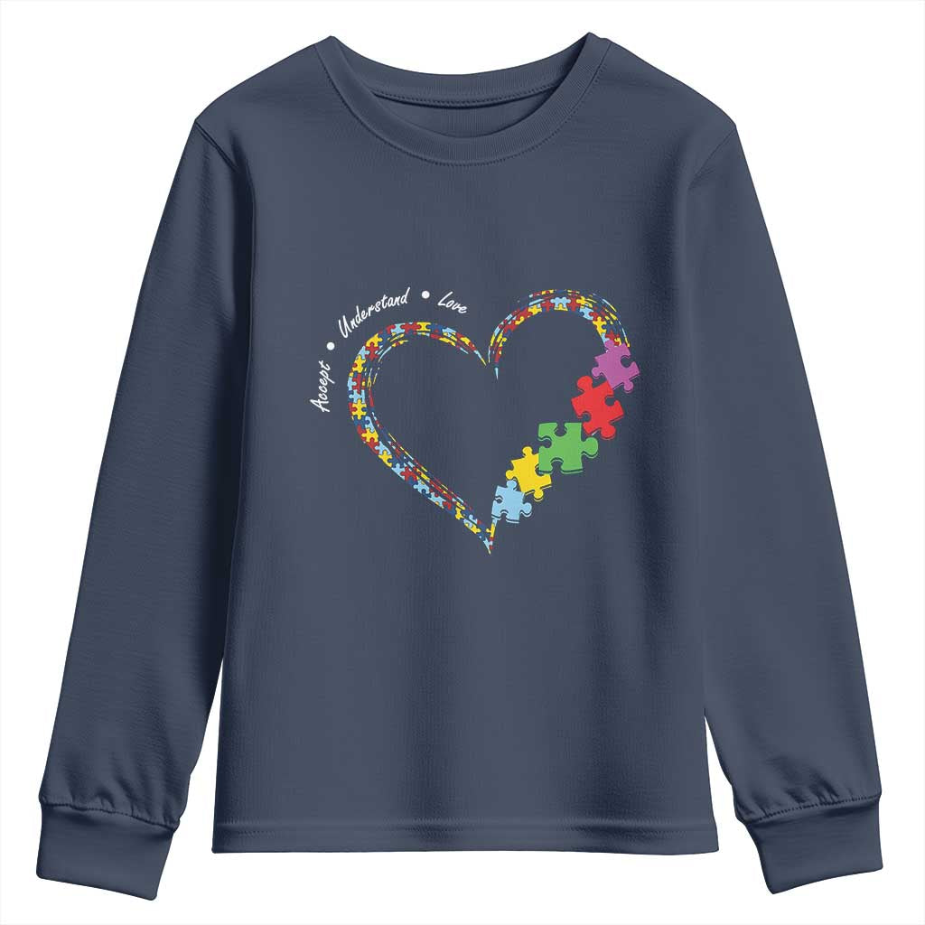 Autism Awareness Accept Understand Love Youth Sweatshirt Love Heart Puzzle Pieces TS11 Navy Print Your Wear