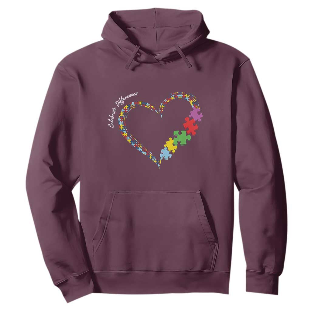 Autism Awareness Celebrate Differences Hoodie Love Heart Puzzle Pieces TS11 Maroon Print Your Wear