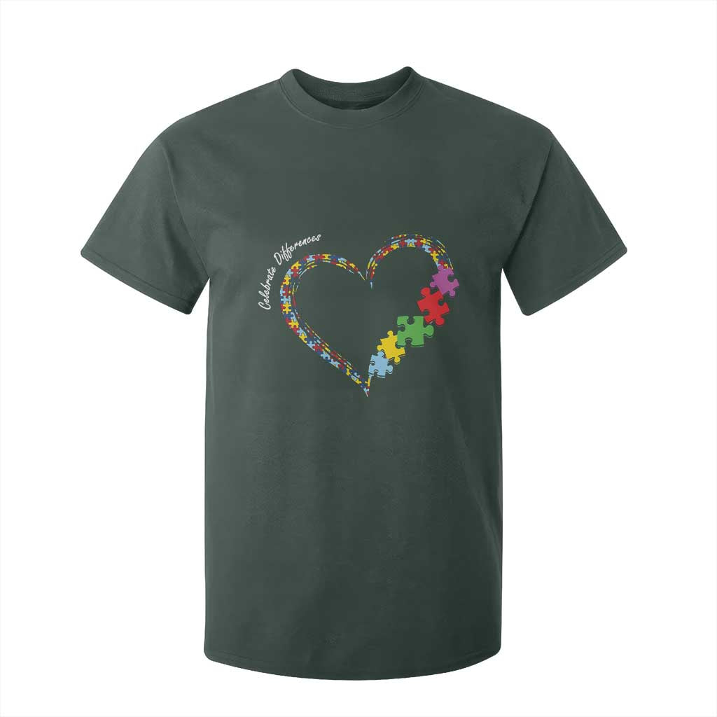 Autism Awareness Celebrate Differences T Shirt For Kid Love Heart Puzzle Pieces TS11 Dark Forest Green Print Your Wear