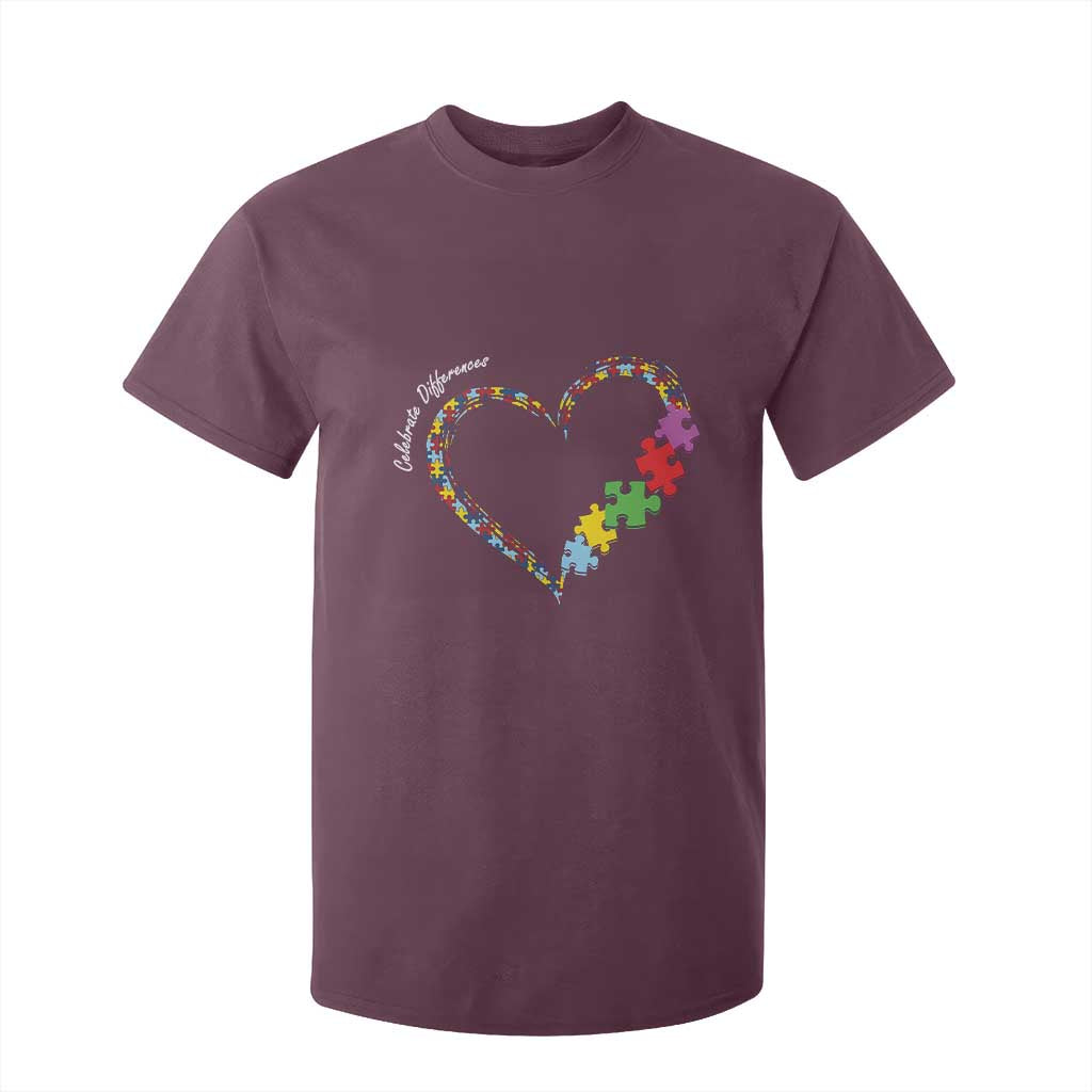 Autism Awareness Celebrate Differences T Shirt For Kid Love Heart Puzzle Pieces TS11 Maroon Print Your Wear