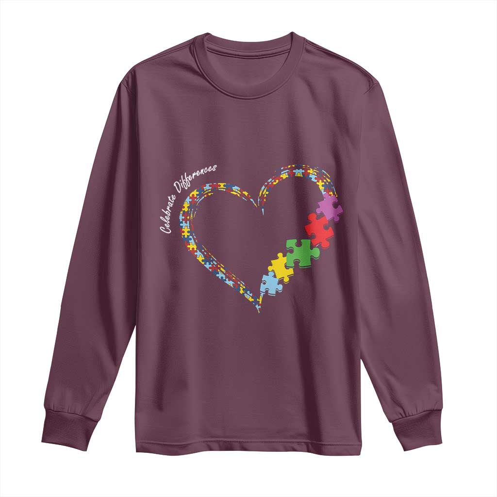 Autism Awareness Celebrate Differences Long Sleeve Shirt Love Heart Puzzle Pieces TS11 Maroon Print Your Wear