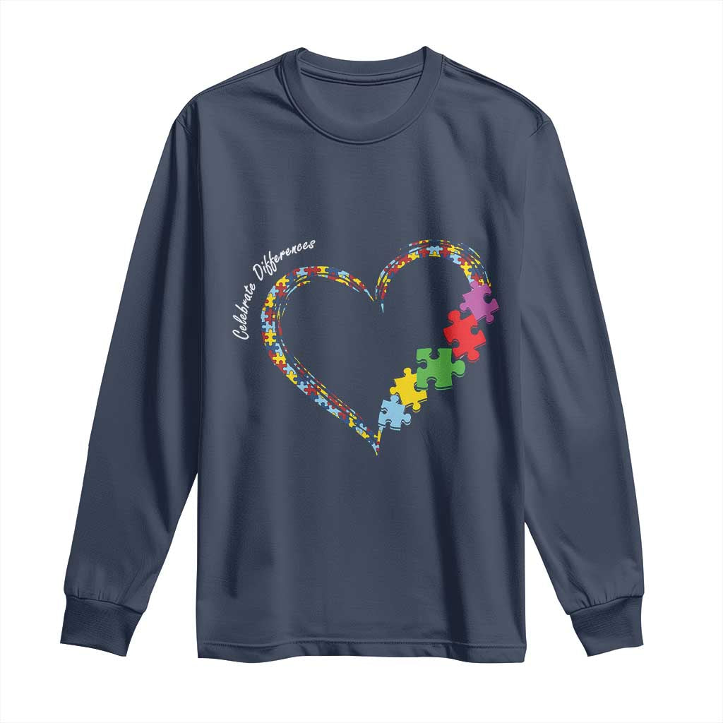 Autism Awareness Celebrate Differences Long Sleeve Shirt Love Heart Puzzle Pieces TS11 Navy Print Your Wear