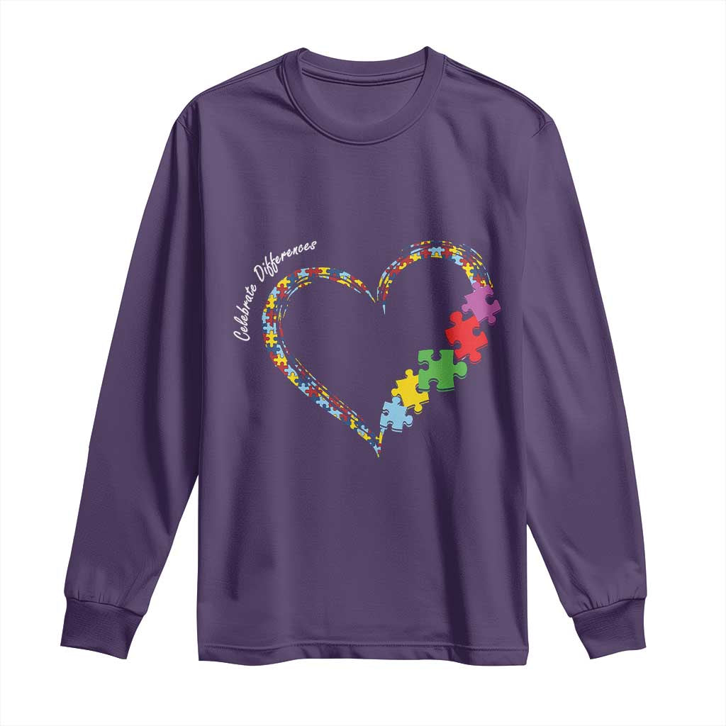 Autism Awareness Celebrate Differences Long Sleeve Shirt Love Heart Puzzle Pieces TS11 Purple Print Your Wear