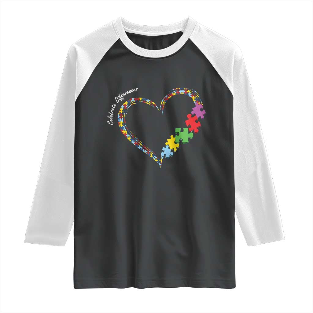 Autism Awareness Celebrate Differences Raglan Shirt Love Heart Puzzle Pieces TS11 Black White Print Your Wear