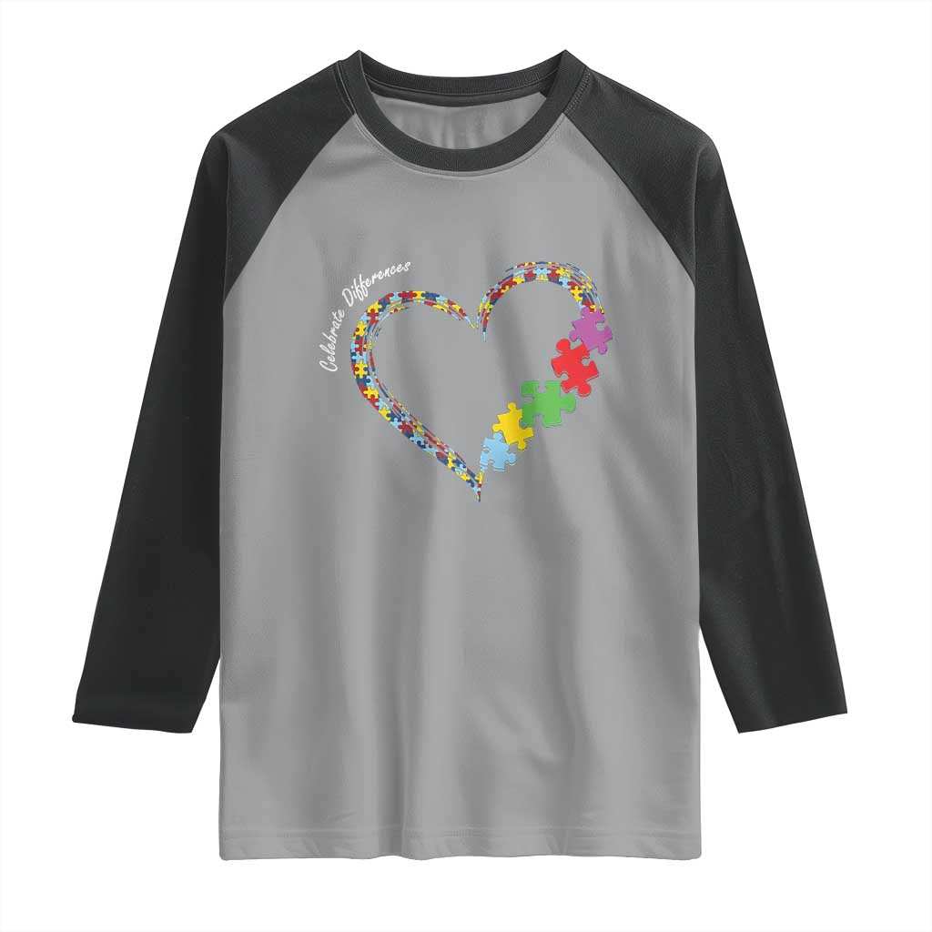 Autism Awareness Celebrate Differences Raglan Shirt Love Heart Puzzle Pieces TS11 Sport Gray Black Print Your Wear