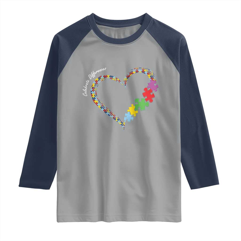 Autism Awareness Celebrate Differences Raglan Shirt Love Heart Puzzle Pieces TS11 Sport Gray Navy Print Your Wear