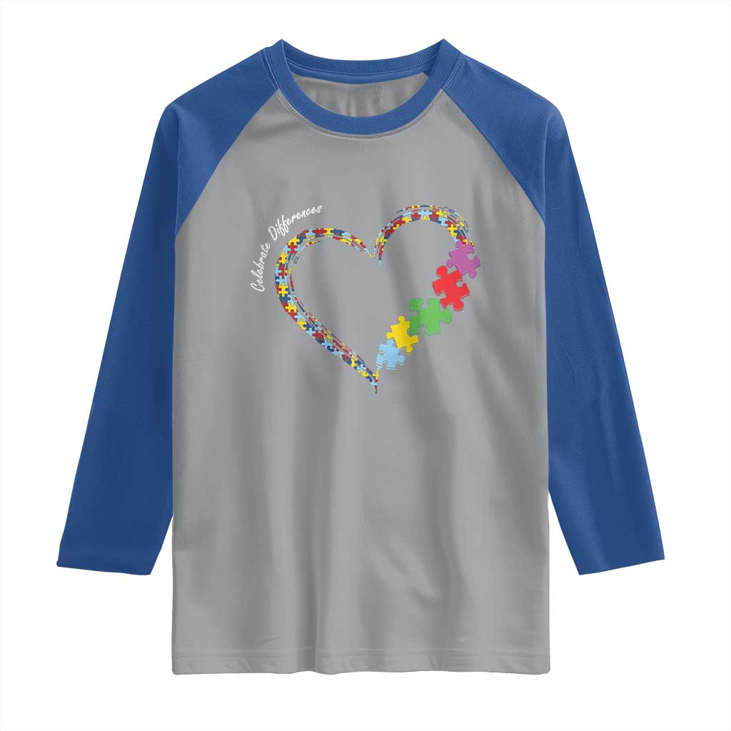 Autism Awareness Celebrate Differences Raglan Shirt Love Heart Puzzle Pieces TS11 Sport Gray Royal Print Your Wear