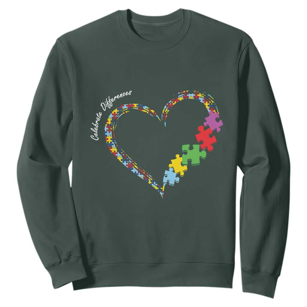 Autism Awareness Celebrate Differences Sweatshirt Love Heart Puzzle Pieces TS11 Dark Forest Green Print Your Wear