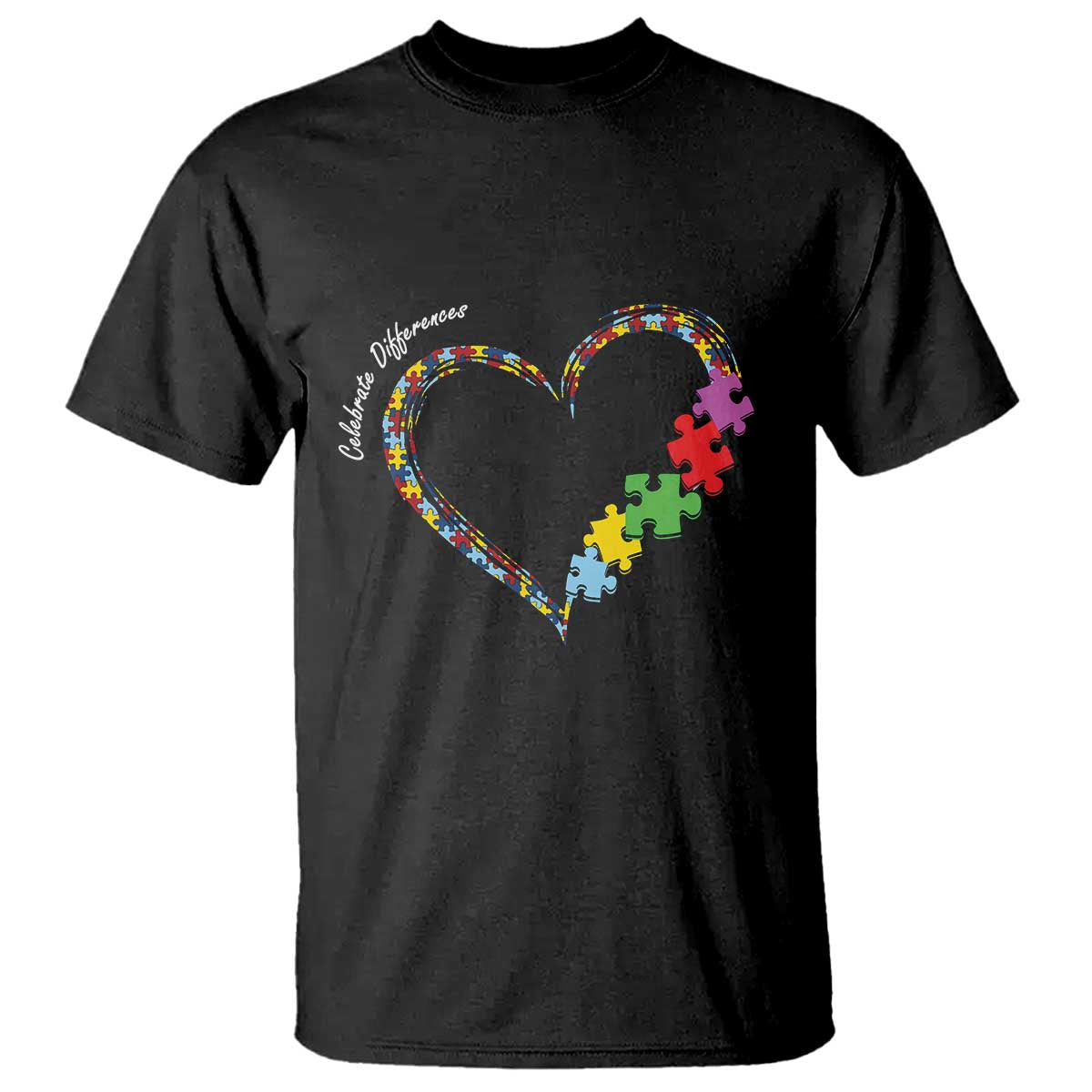 Autism Awareness Celebrate Differences T Shirt Love Heart Puzzle Pieces TS11 Black Print Your Wear