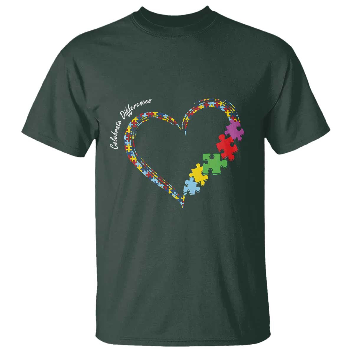 Autism Awareness Celebrate Differences T Shirt Love Heart Puzzle Pieces TS11 Dark Forest Green Print Your Wear