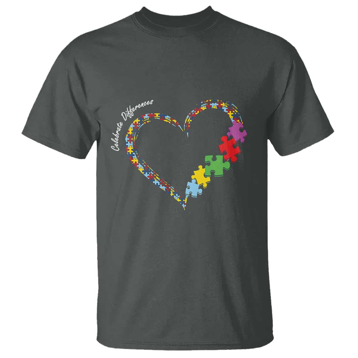 Autism Awareness Celebrate Differences T Shirt Love Heart Puzzle Pieces TS11 Dark Heather Print Your Wear