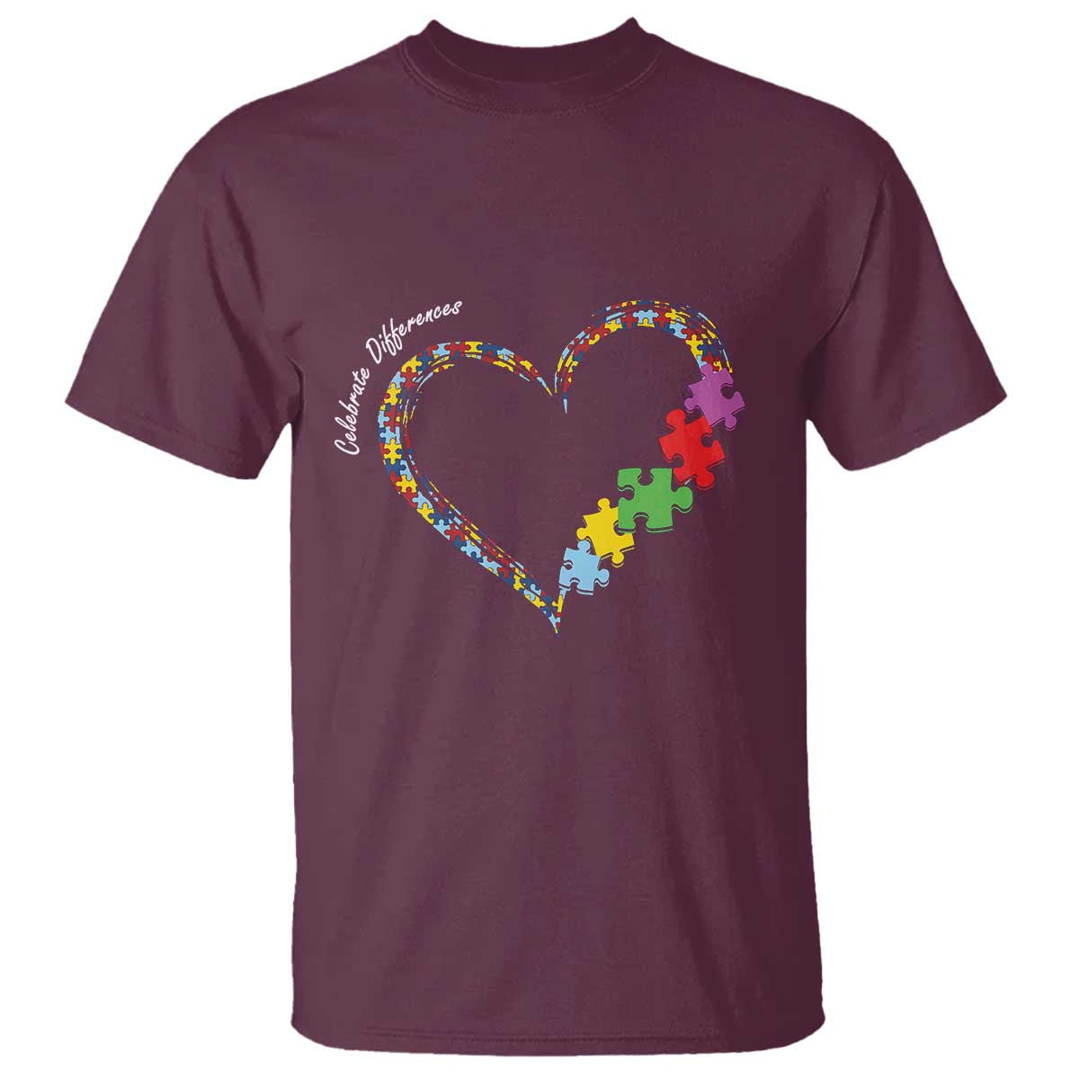 Autism Awareness Celebrate Differences T Shirt Love Heart Puzzle Pieces TS11 Maroon Print Your Wear