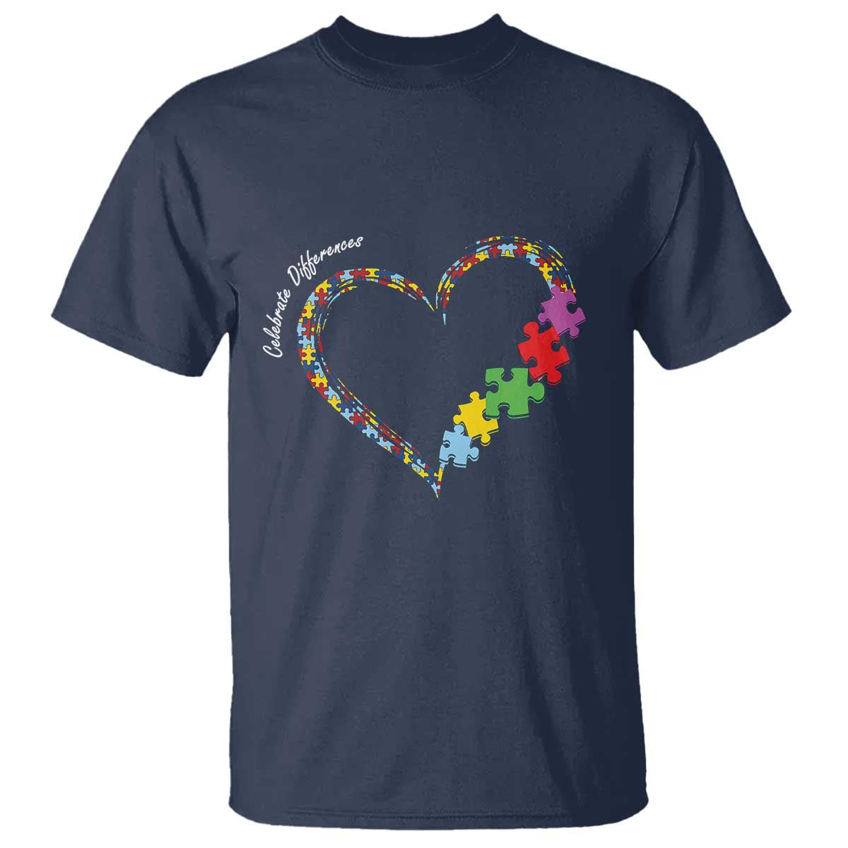 Autism Awareness Celebrate Differences T Shirt Love Heart Puzzle Pieces TS11 Navy Print Your Wear