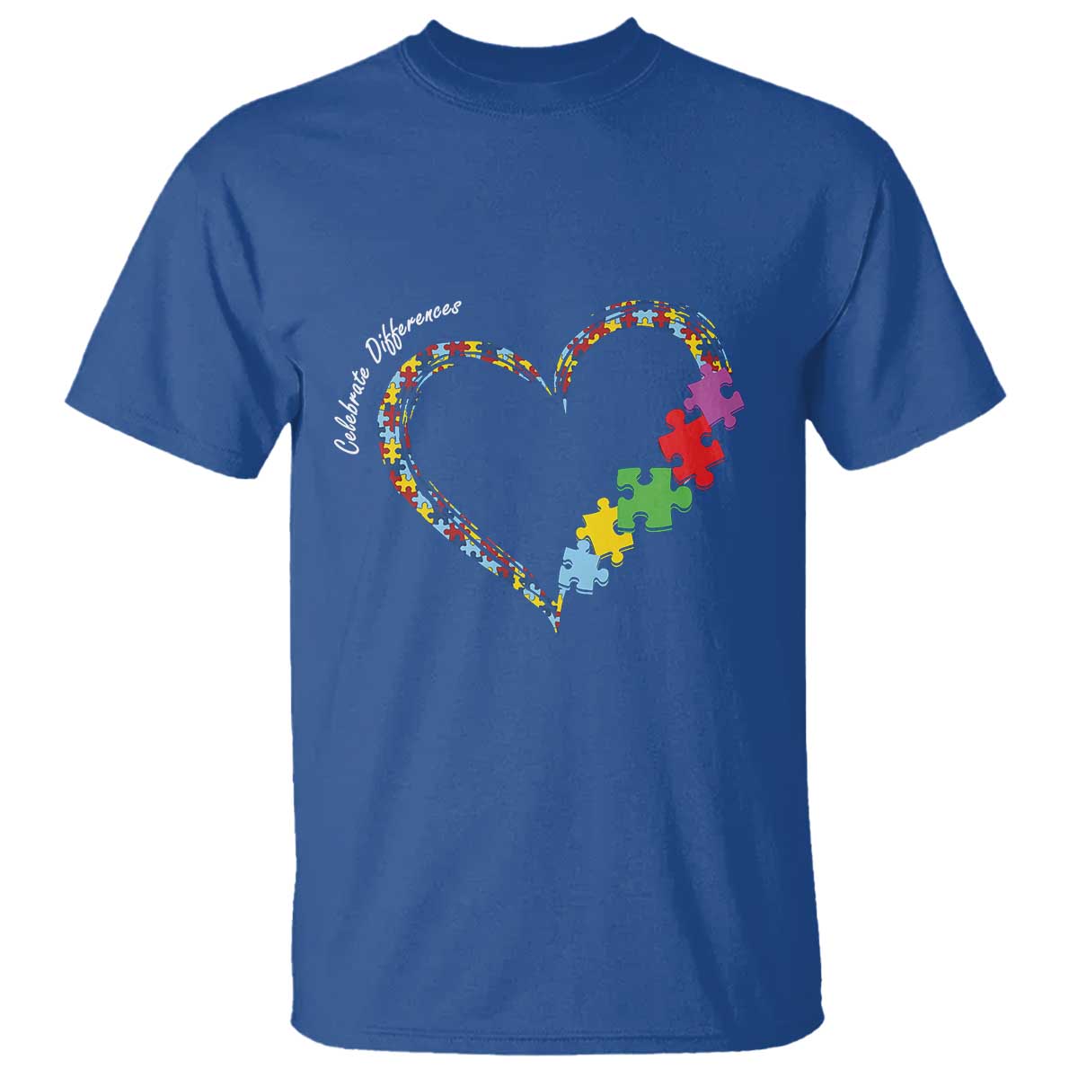 Autism Awareness Celebrate Differences T Shirt Love Heart Puzzle Pieces TS11 Royal Blue Print Your Wear