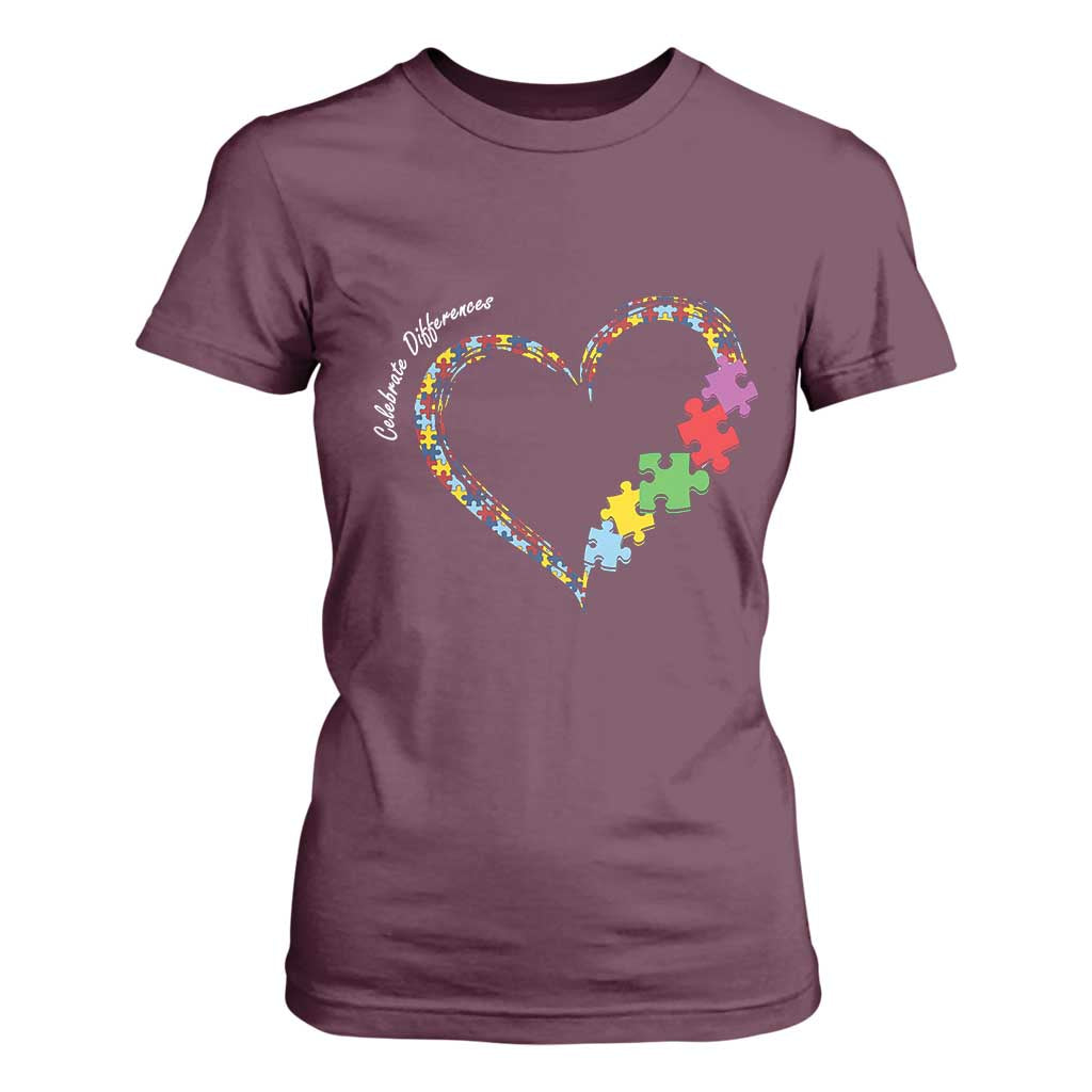 Autism Awareness Celebrate Differences T Shirt For Women Love Heart Puzzle Pieces TS11 Maroon Print Your Wear