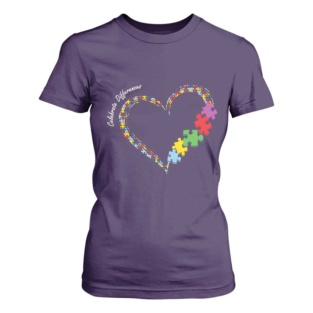 Autism Awareness Celebrate Differences T Shirt For Women Love Heart Puzzle Pieces TS11 Purple Print Your Wear
