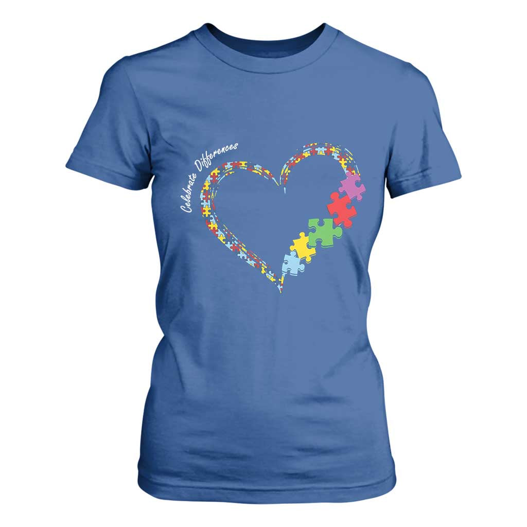 Autism Awareness Celebrate Differences T Shirt For Women Love Heart Puzzle Pieces TS11 Royal Blue Print Your Wear
