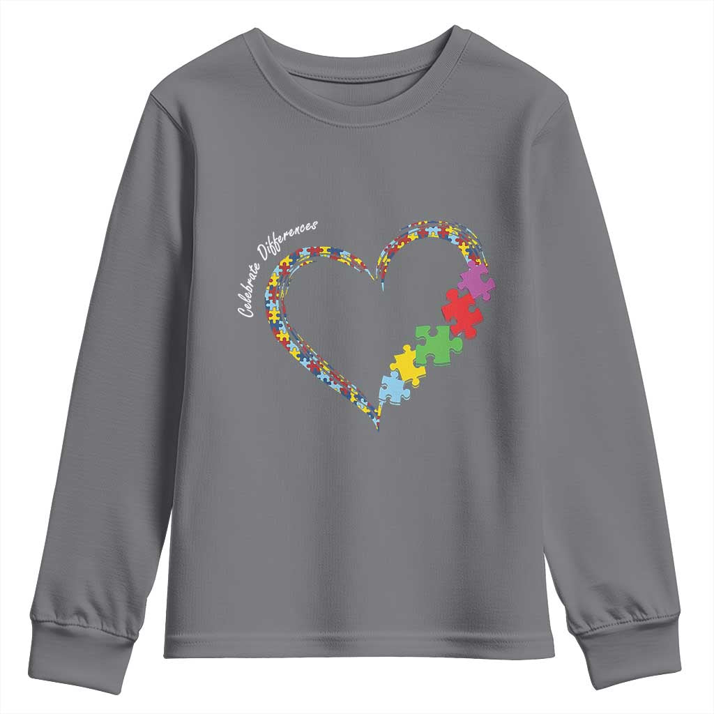 Autism Awareness Celebrate Differences Youth Sweatshirt Love Heart Puzzle Pieces TS11 Charcoal Print Your Wear