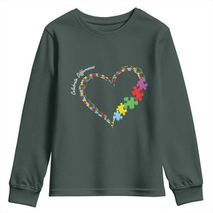 Autism Awareness Celebrate Differences Youth Sweatshirt Love Heart Puzzle Pieces TS11 Dark Forest Green Print Your Wear