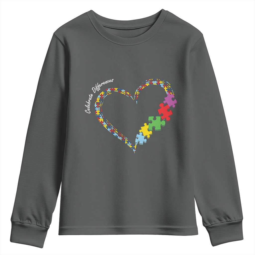 Autism Awareness Celebrate Differences Youth Sweatshirt Love Heart Puzzle Pieces TS11 Dark Heather Print Your Wear