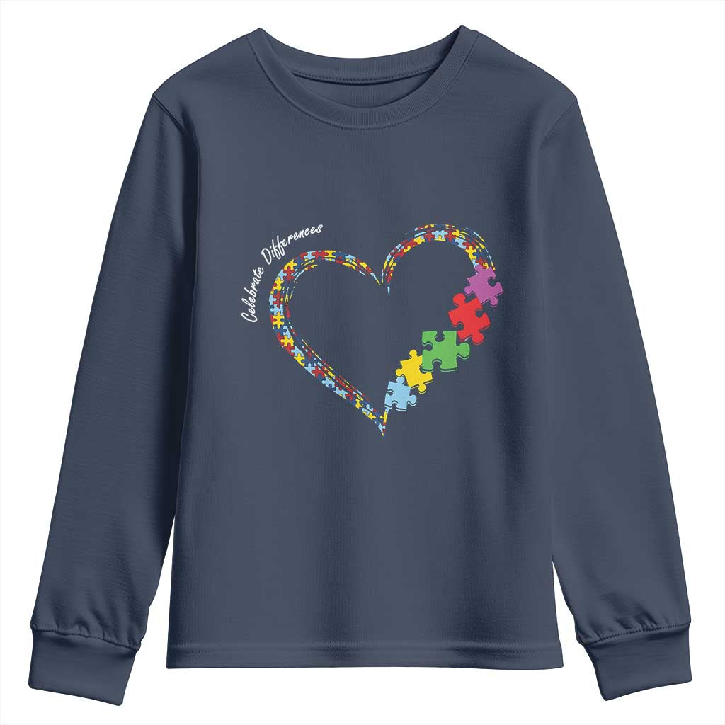 Autism Awareness Celebrate Differences Youth Sweatshirt Love Heart Puzzle Pieces TS11 Navy Print Your Wear