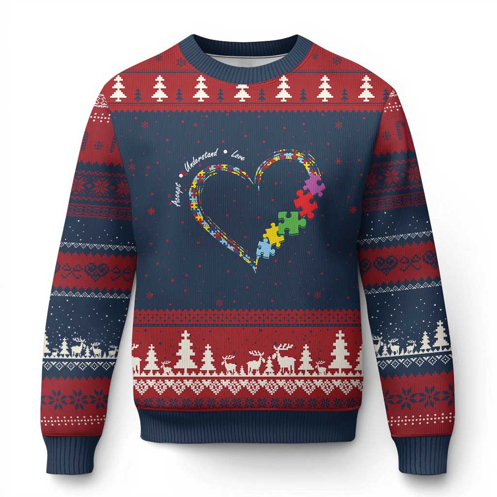 Autism Awareness Accept Understand Love Ugly Christmas Sweater Love Heart Puzzle Pieces TS11 Navy Red Print Your Wear