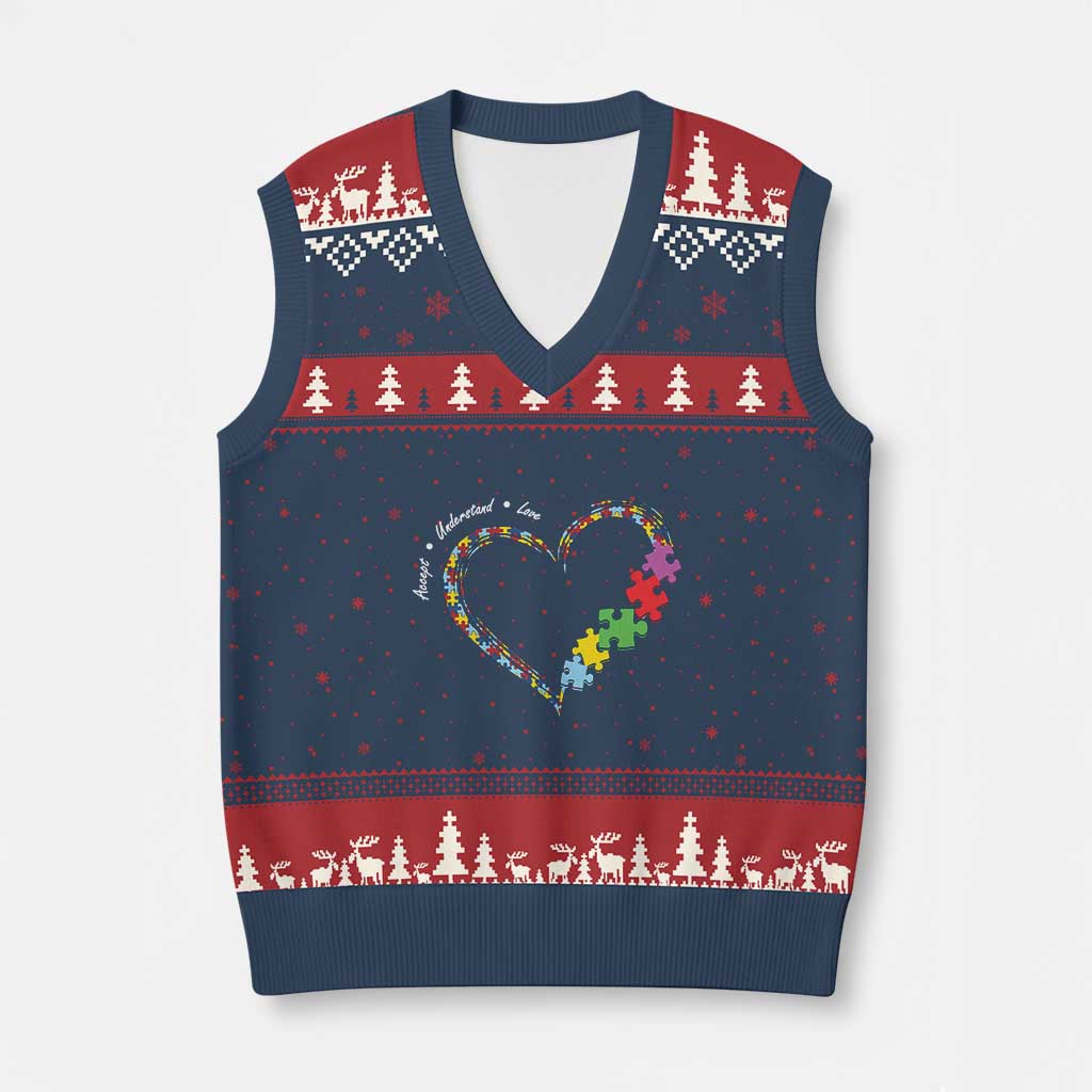 Autism Awareness Accept Understand Love V-Neck Knit Sweater Vest Love Heart Puzzle Pieces TS11 Navy Red Print Your Wear